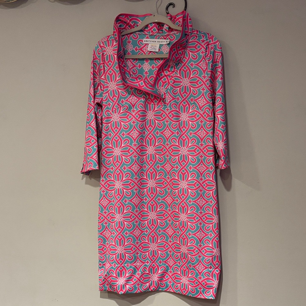 Gretchen Scott M Pink and Blue three quarter Sleeve Dress